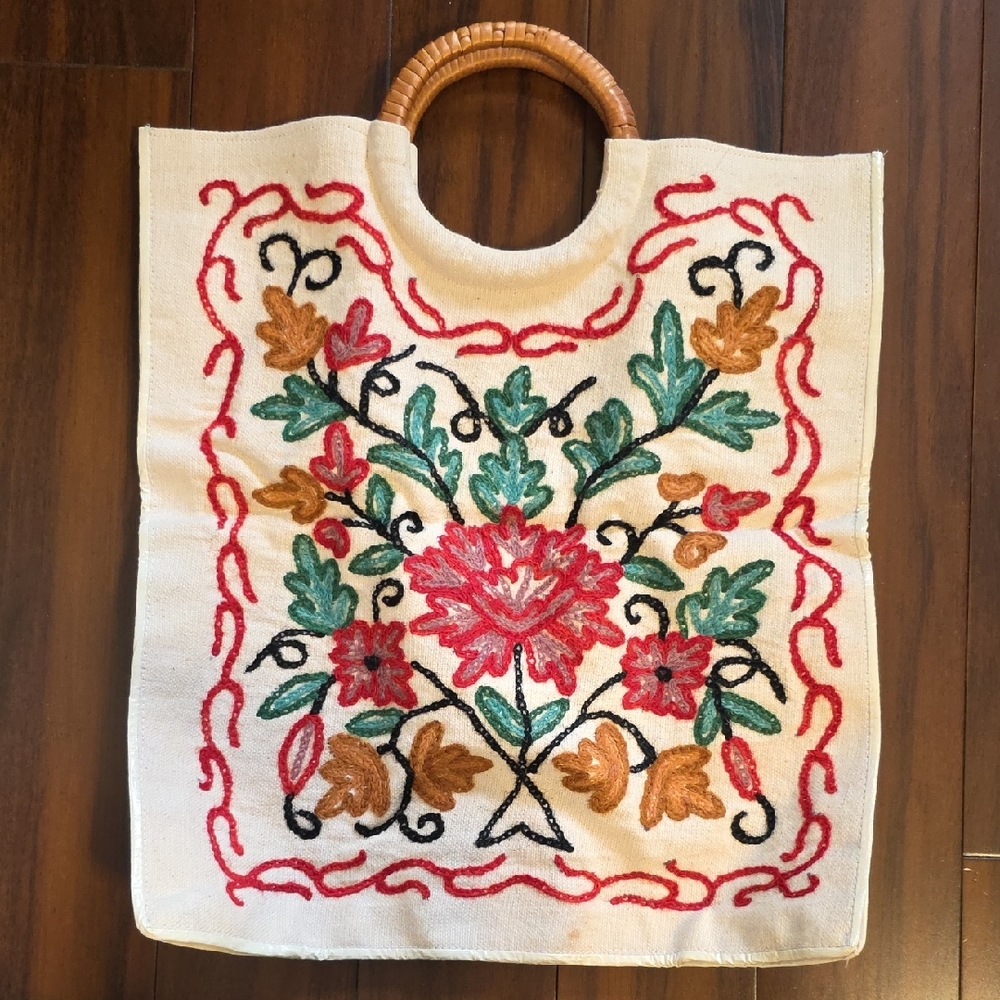 Hand-Embroidered Floral Tote with Bamboo Handles - Cream & Multicolor - Picture 1 of 3